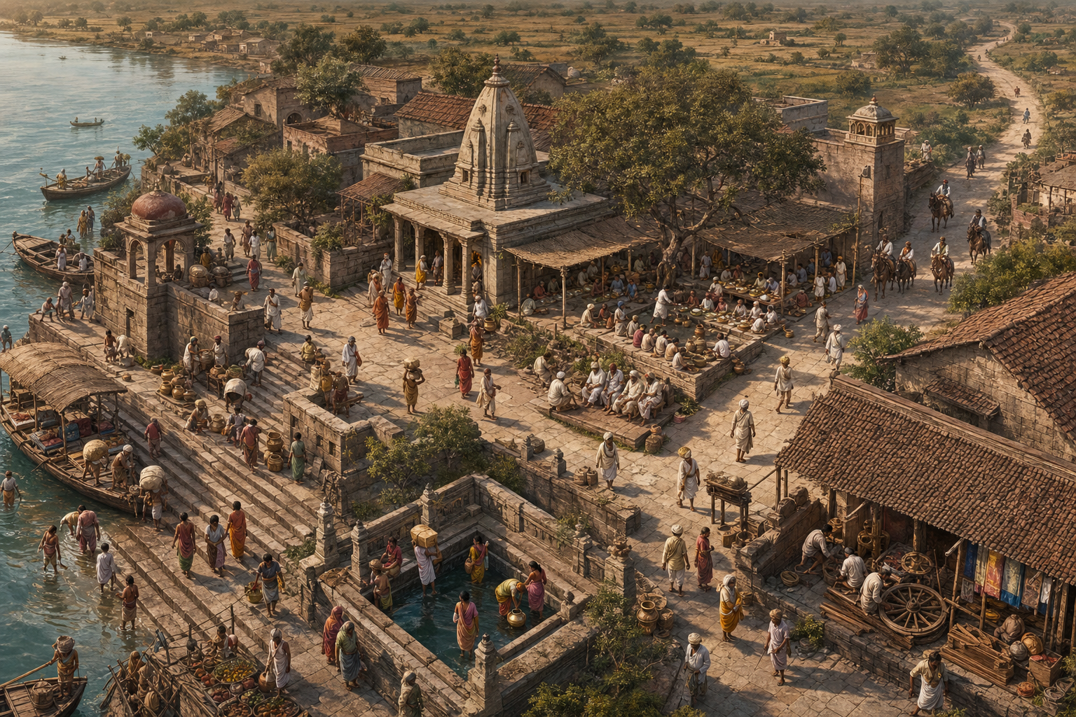 An aerial view of a pilgrimage town connects a temple with river ghats, water sources, lodging, food service, markets and a guarded travel road.