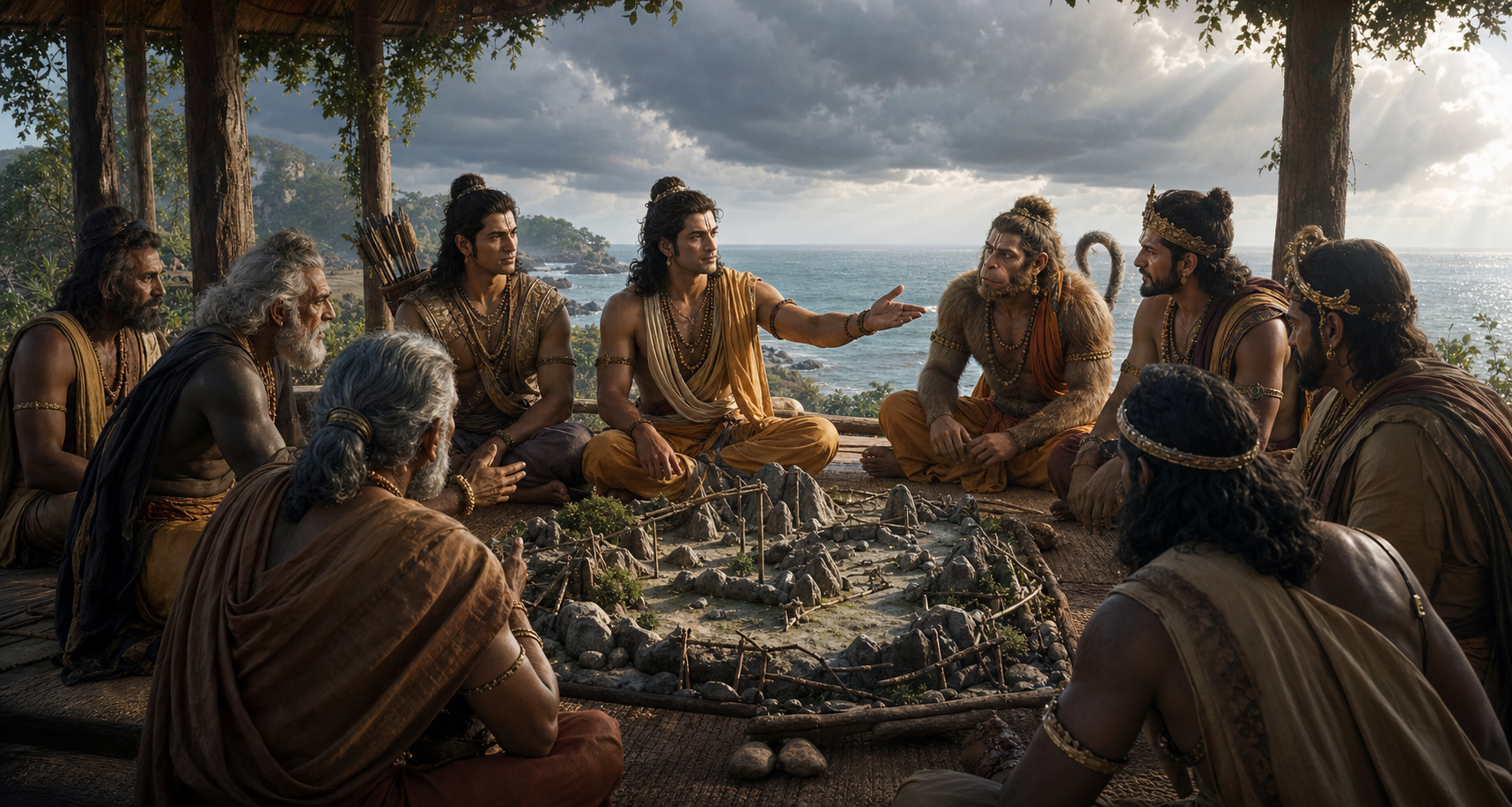 Rama sits in a circle with Lakshmana, Hanuman, Sugriva, Vibhishana, and elders as they study a terrain model and discuss a mission.
