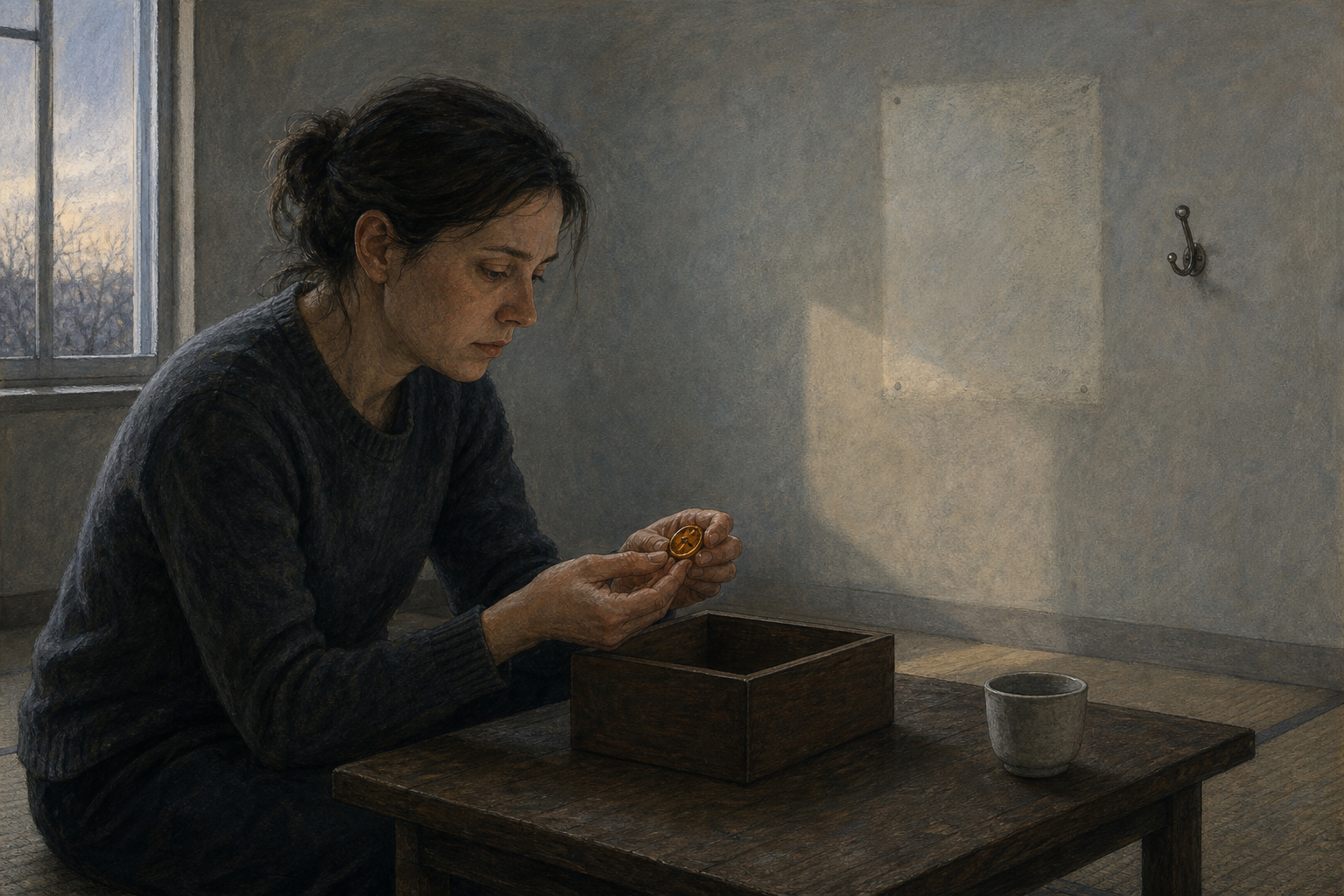 A person holds a small keepsake over an open wooden box in a room with visible empty spaces left by removed belongings.