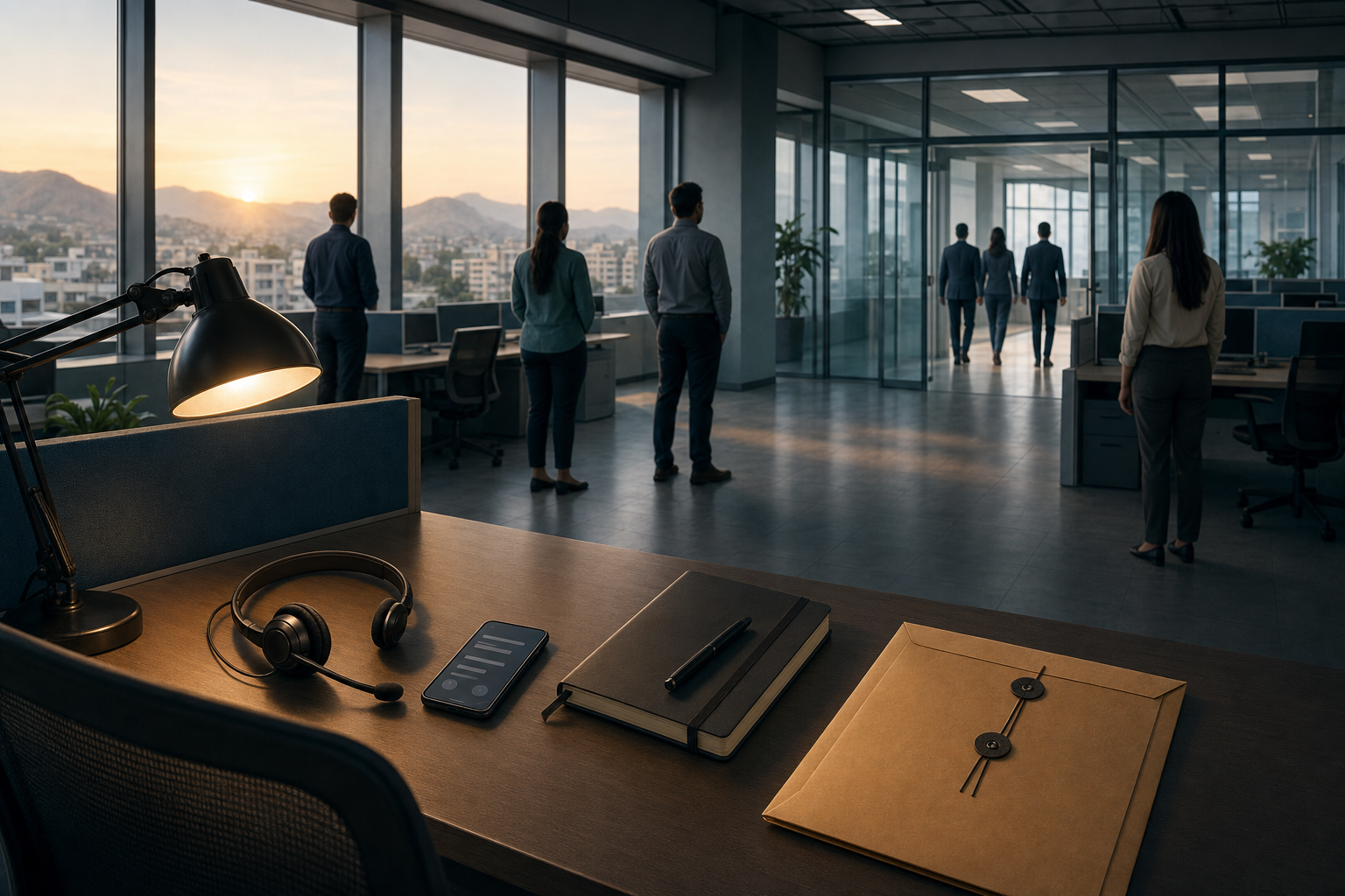 An empty BPO workstation with a headset, phone, notebook, and evidence folder as anonymous workers and investigators appear in the background.