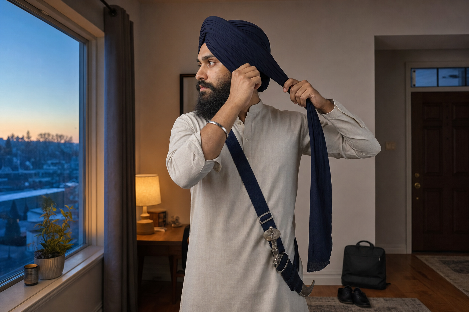 A Sikh adult wearing a dastar, steel kara, and sheathed kirpan prepares beside a window before leaving for the day.