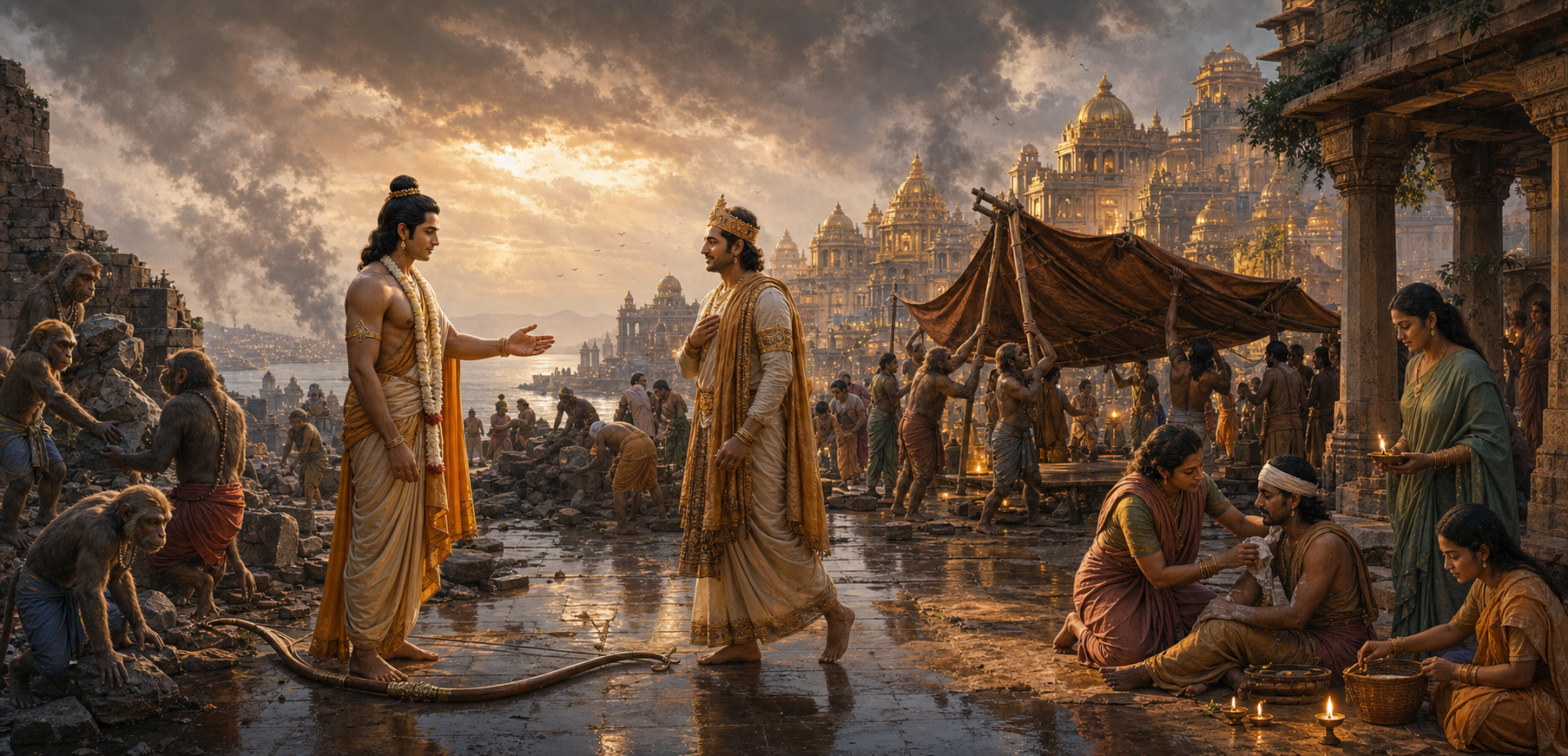 Rama sets aside his bow as Vibhishana approaches and residents and vanara workers begin repairing the damaged city of Lanka.