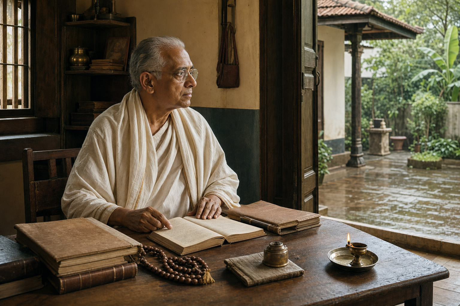 An elderly Indian scholar sits beside manuscripts, books, prayer beads and an oil lamp in a study opening onto a family courtyard.