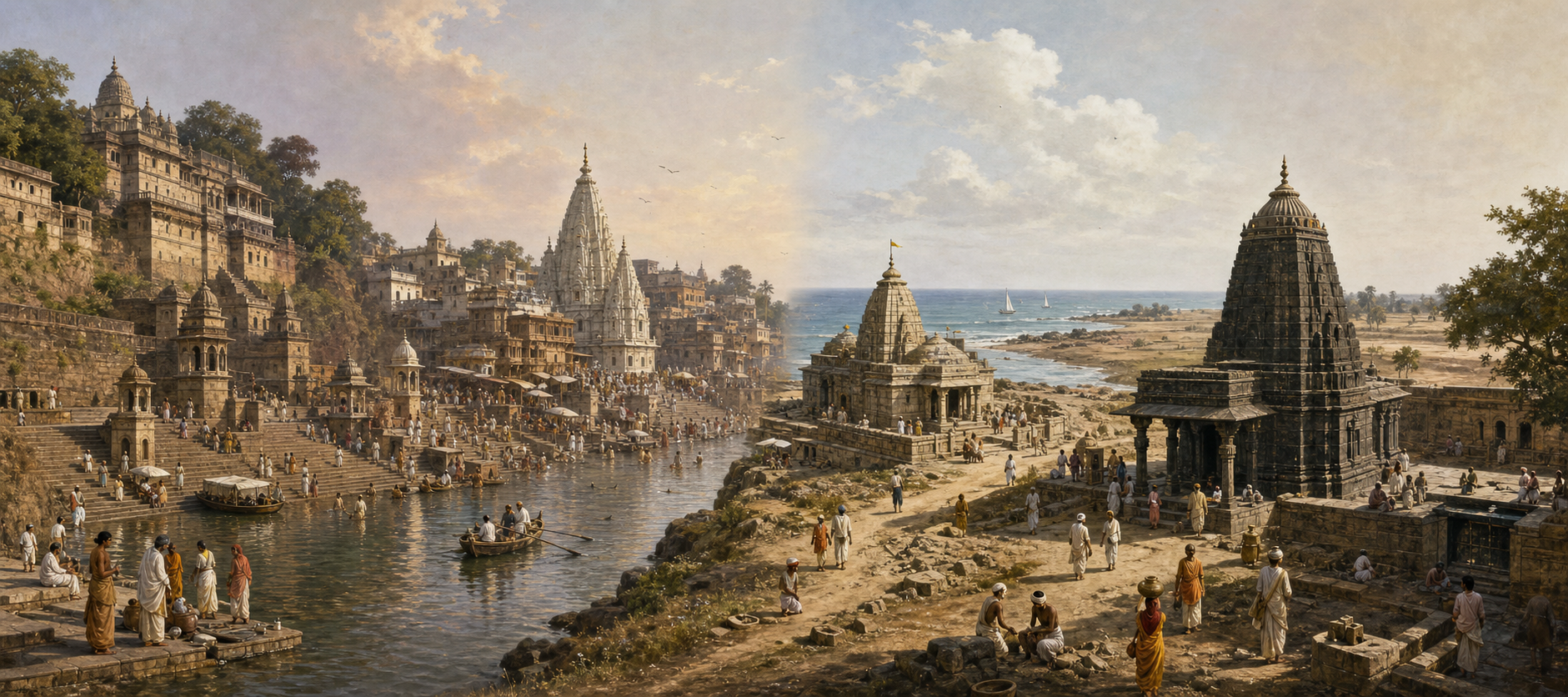 Four connected scenes show the sacred landscapes of Maheshwar, Kashi, Prabhas Patan near Somnath and the Vishnupad temple at Gaya.