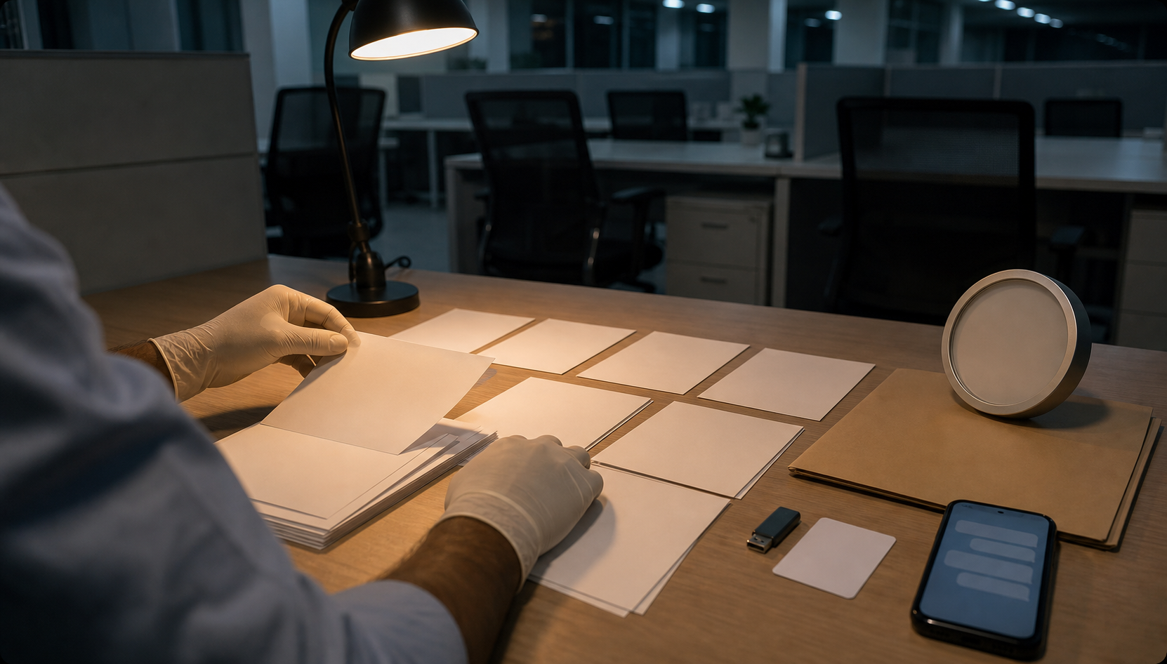 An anonymous office worker organizes blank documents, a phone, an access card, and a storage drive at a desk.
