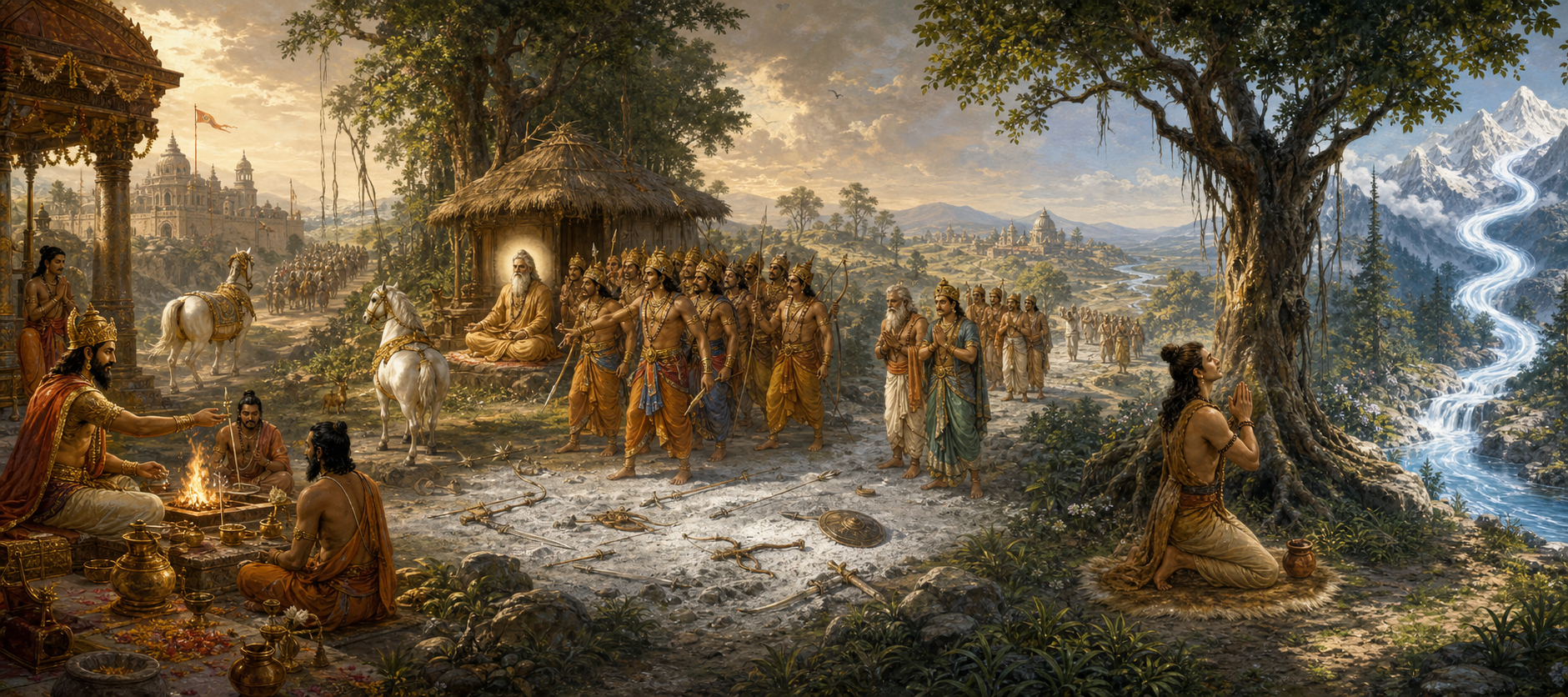 A continuous painted panorama shows Sagara's horse sacrifice, the princes approaching Kapila's hermitage, ancestral ashes, and Bhagiratha undertaking austerities.