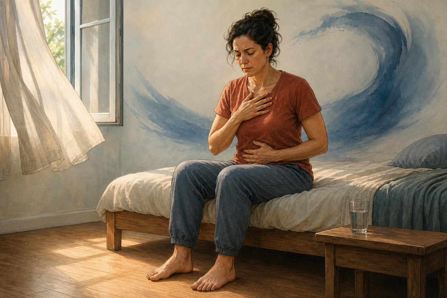 A distressed adult sits with feet on the floor and hands on the chest and abdomen beside an open window and a glass of water.