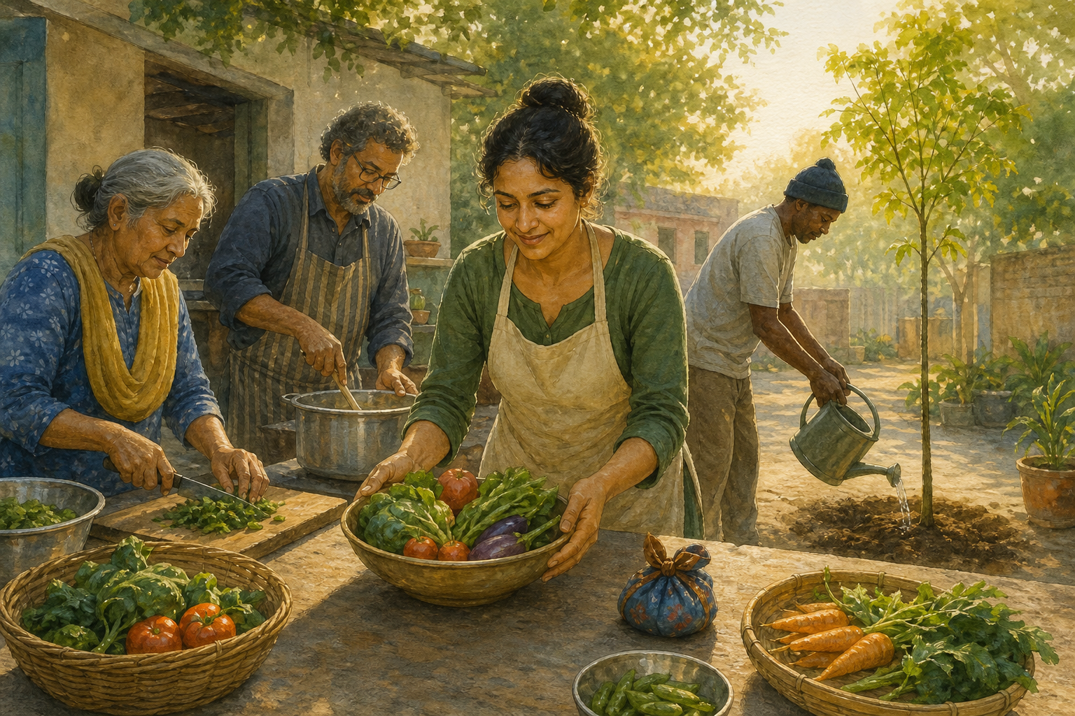 Several adults prepare food in a community courtyard while one person waters a newly planted tree and a small keepsake rests nearby.