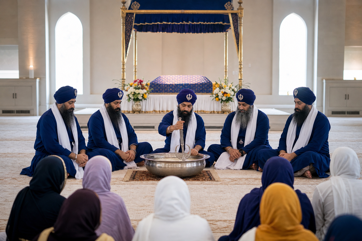Five initiated Sikhs prepare Amrit in an iron bowl as candidates sit with covered heads in a gurdwara.