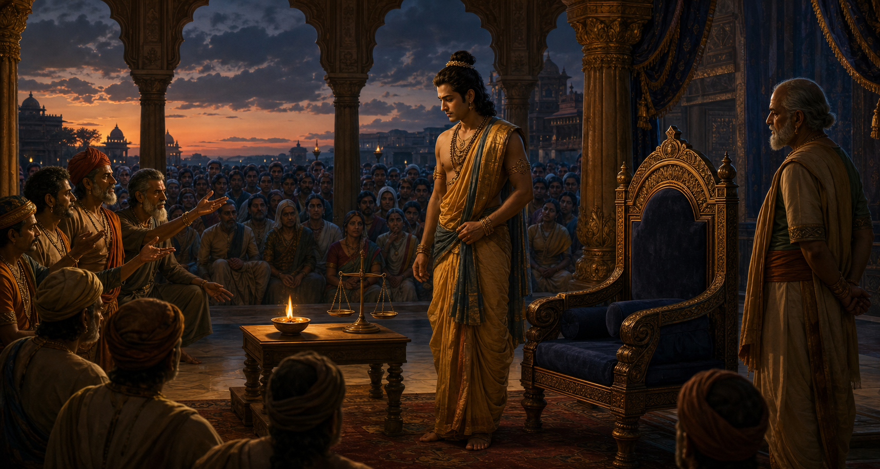 Rama stands between an empty throne and a waiting crowd while ministers gesture near an oil lamp and an unmarked balance scale.