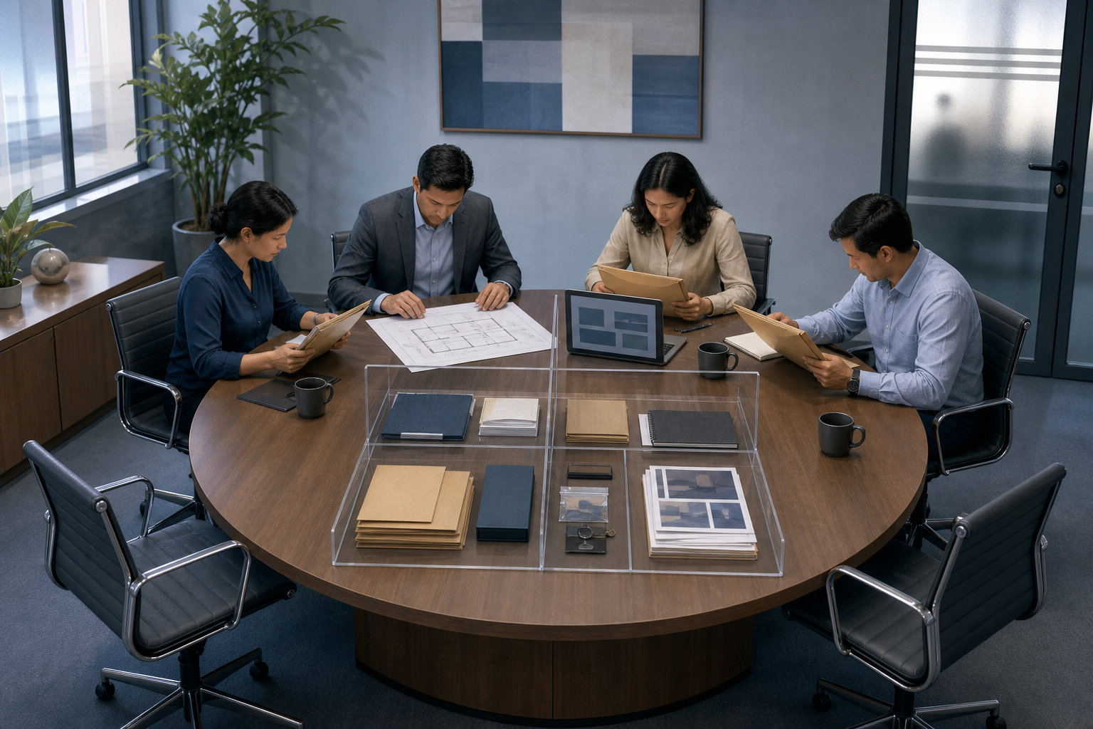 Anonymous investigators review sealed folders and a laptop around a round table with two empty interview chairs nearby.