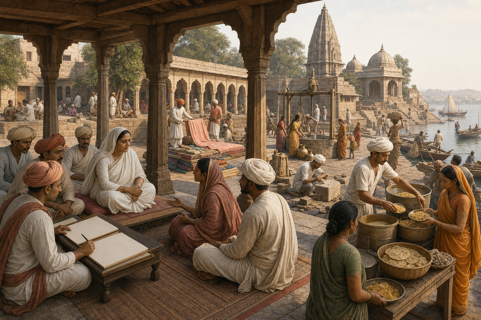 Ahilyabai Holkar hears townspeople in an open pavilion beside a temple precinct with food distribution, artisans, a public well, merchants and pilgrims.