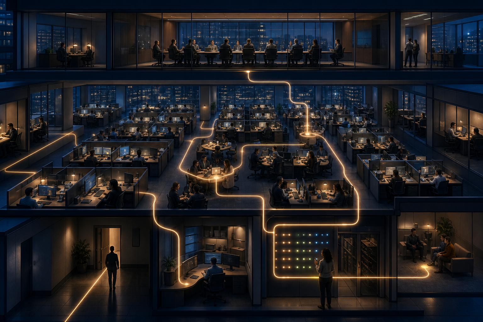 A cutaway view of a call center connects employee desks, access controls, supervision, and an executive meeting room through illuminated pathways.