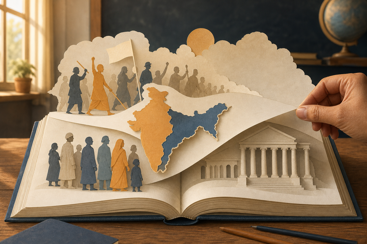 An open school textbook with layered paper scenes of colonial history, social inequality, Partition, and the judiciary as an editor lifts one page.