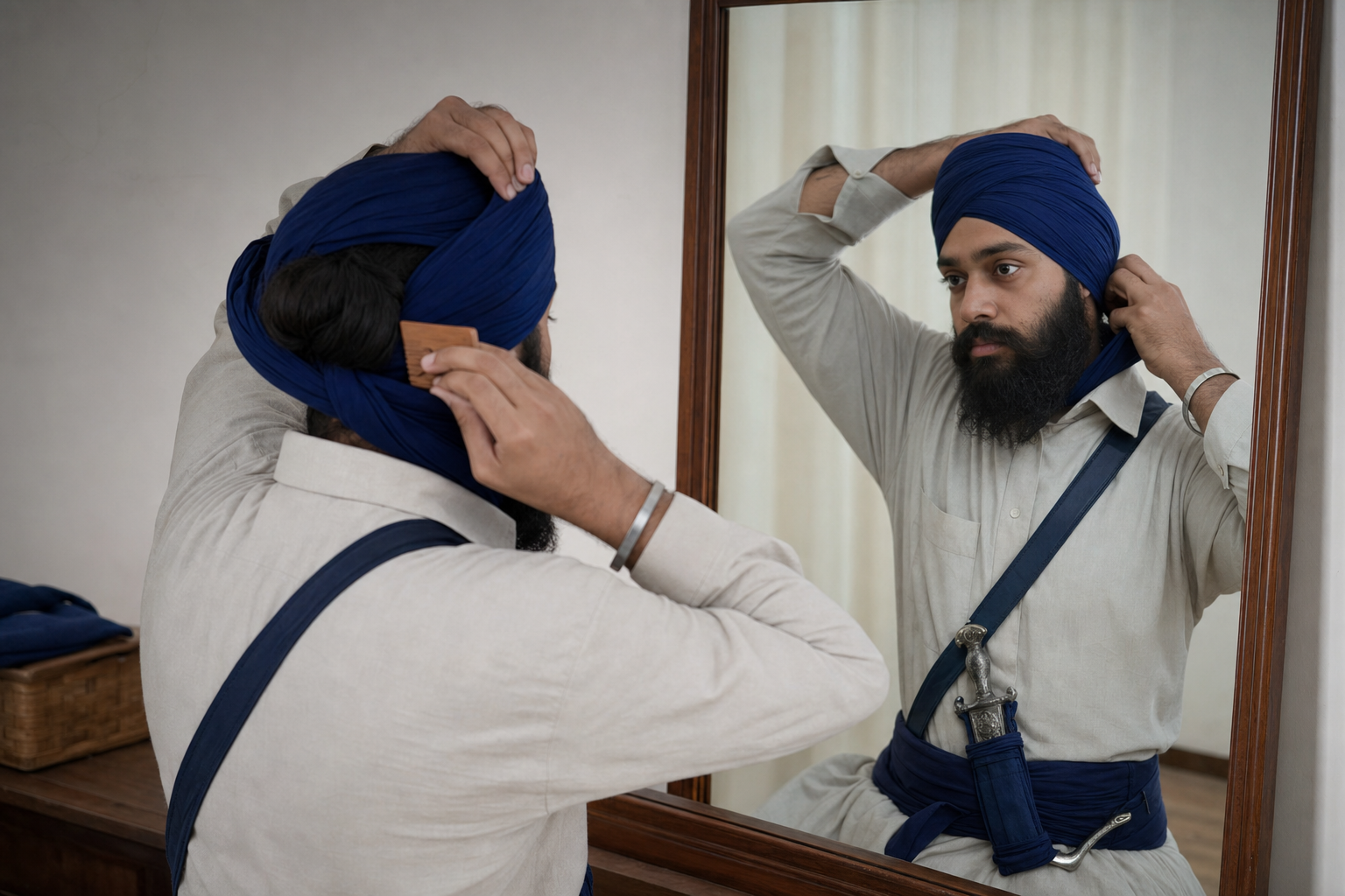 A Sikh adult secures a wooden comb in uncut hair while wearing a steel bracelet and a sheathed kirpan during a morning dressing routine.