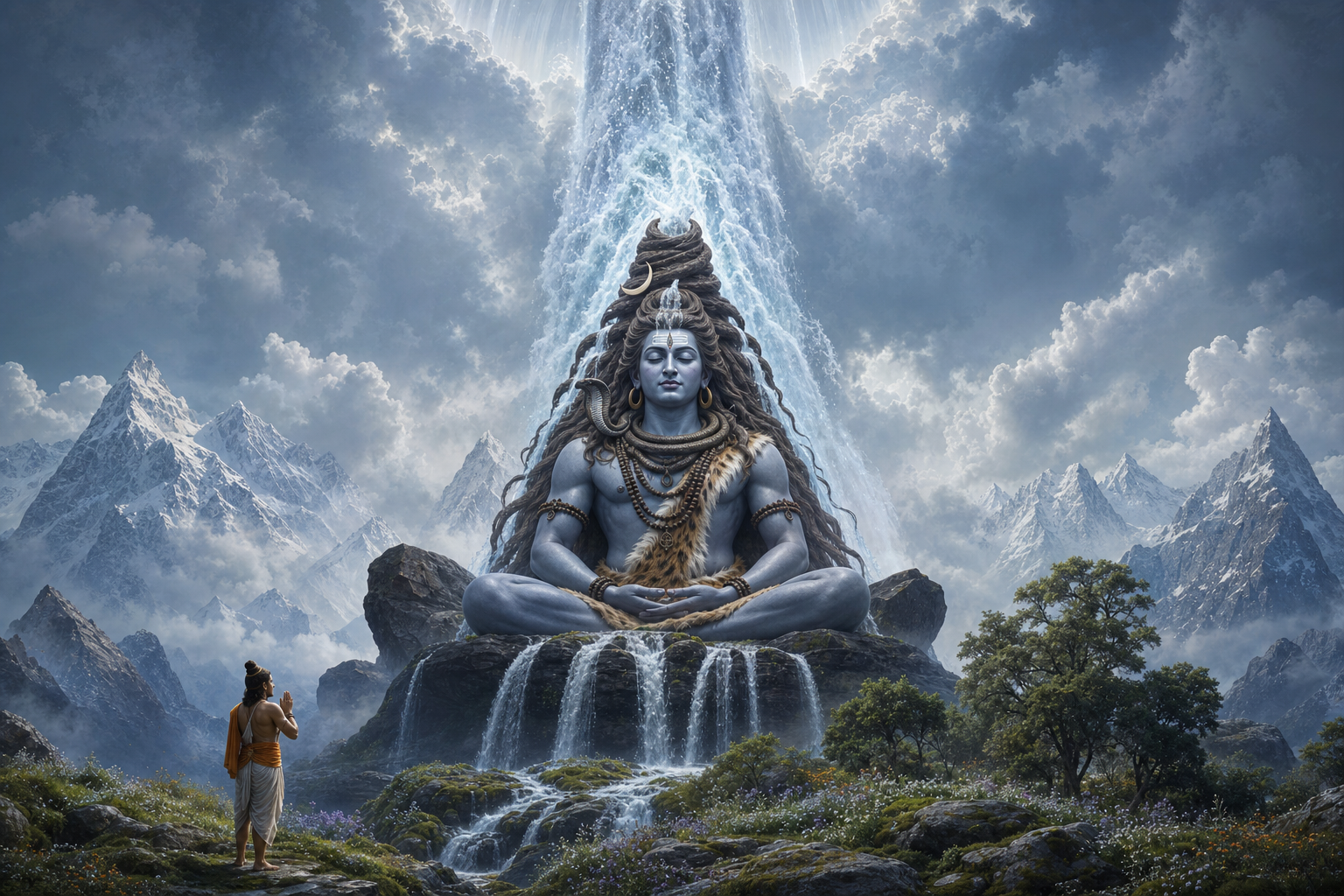Shiva calmly receives a powerful celestial torrent in his matted hair while gentler streams emerge below and Bhagiratha prays nearby.