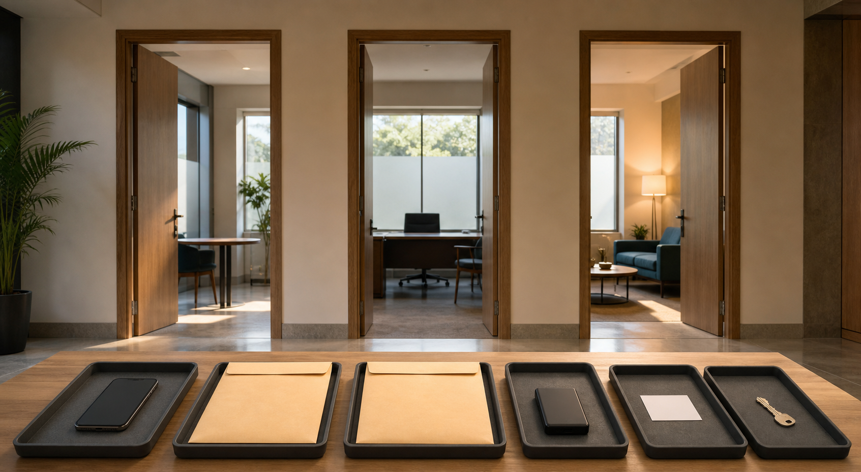A phone, sealed folders, storage drive, support card, and key sit beside open doorways leading to private office rooms.