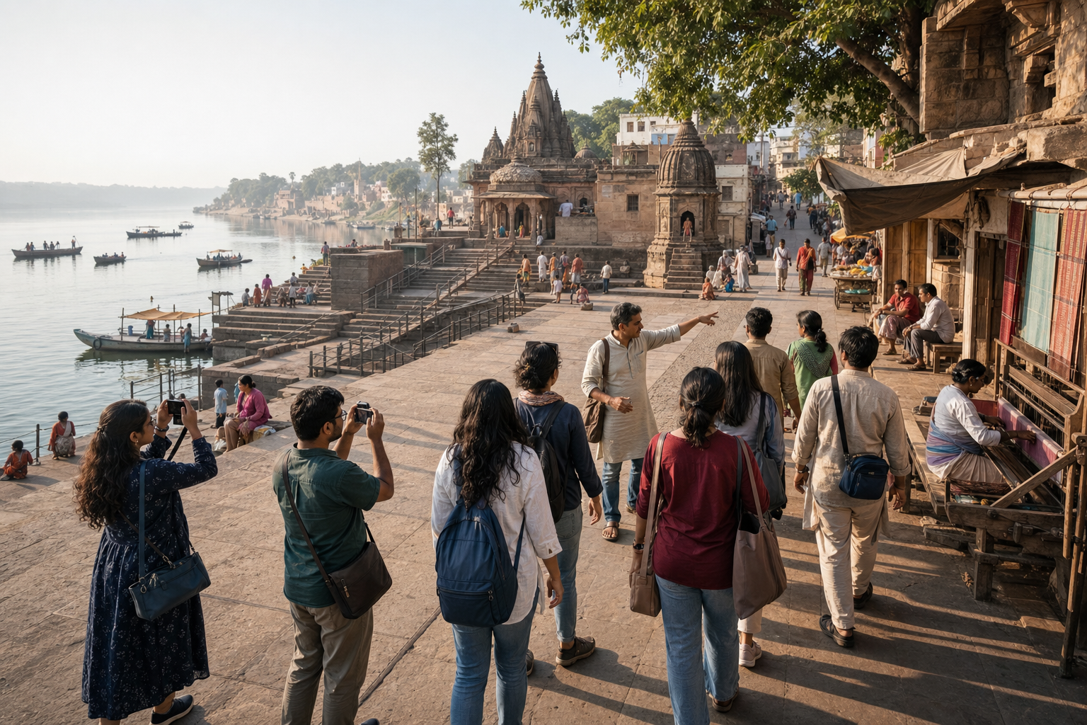 A heritage educator and visitors walk through Maheshwar, observing how the ghats, temple lanes, water access, rest spaces, workshops and market connect.