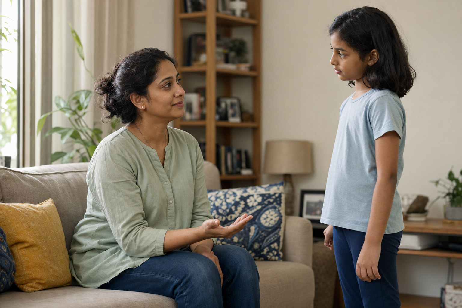 A tearful parent calmly reassures a concerned school-age child in a softly lit living room.