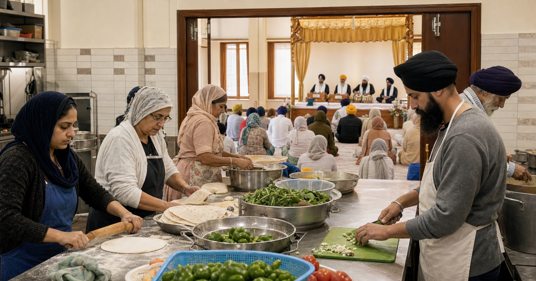Volunteers prepare langar in a gurdwara kitchen while a congregation listens to kirtan in the adjoining prayer hall.