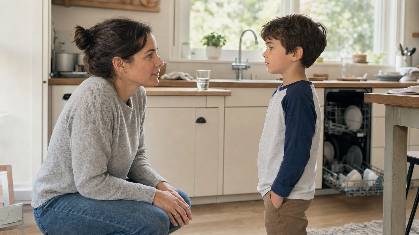 A parent kneels at eye level and speaks calmly to a young child in a sunlit kitchen.
