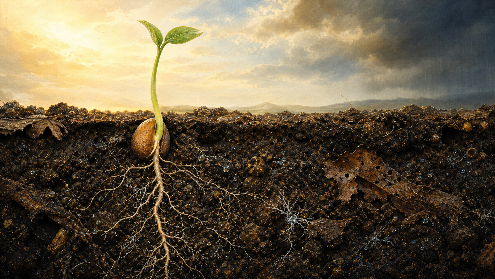 Cutaway view of a germinating seed with roots in moist soil and a green sprout emerging into sunlight.