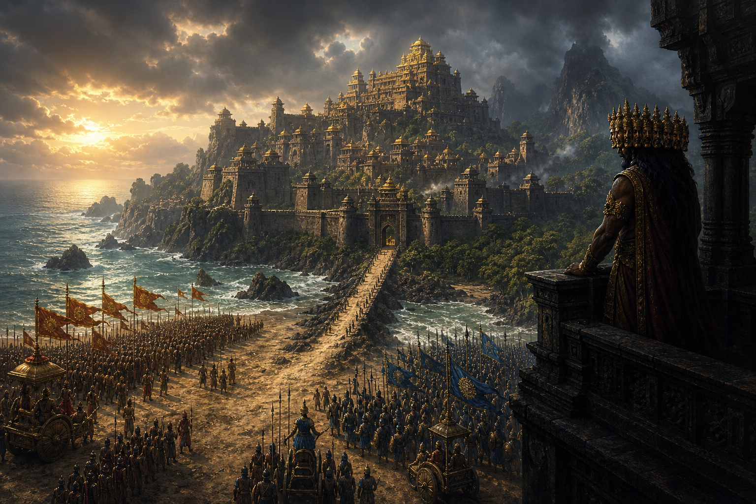 A many-crowned king overlooks the fortified island city of Lanka as two armies face each other near a coastal causeway at dawn.