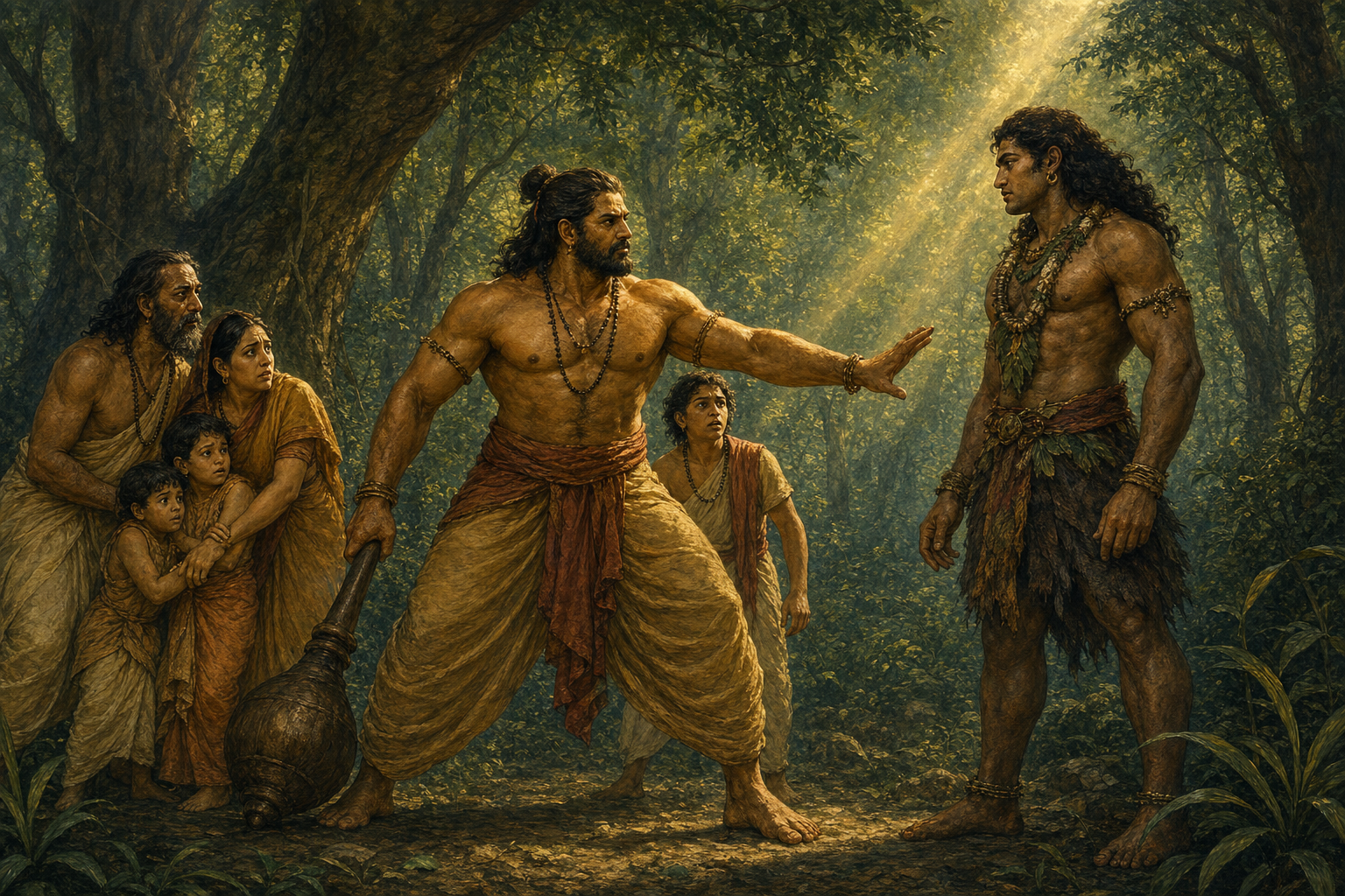 Bhima stands between Ghatotkacha and a frightened Brahmin family in a forest clearing, with the middle son sheltered behind him.