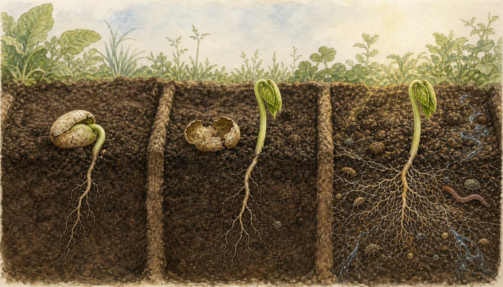 Three adjoining garden beds show the same kind of seed sprouting through three different visual treatments of the causal process.