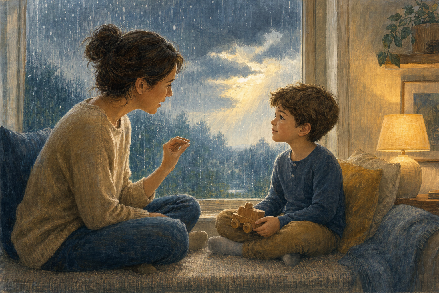 A parent gives a calm explanation to a young child seated beside a rainy window.