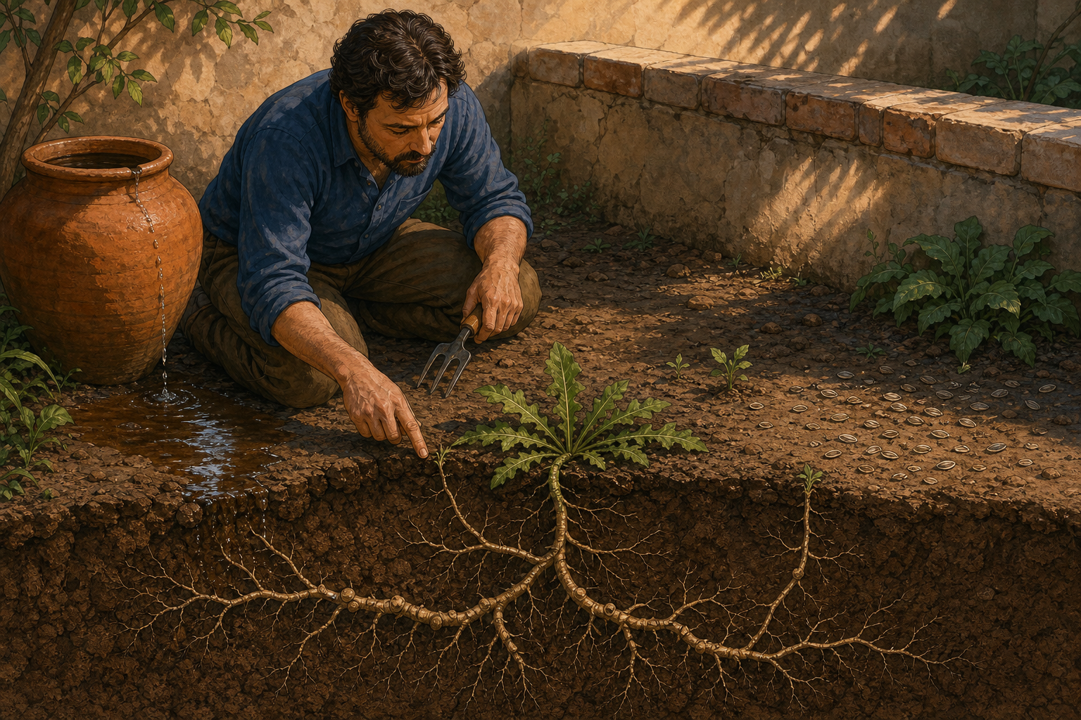 A kneeling gardener traces a recurring weed to an underground rhizome beside damp soil, shade, and a dripping clay vessel.