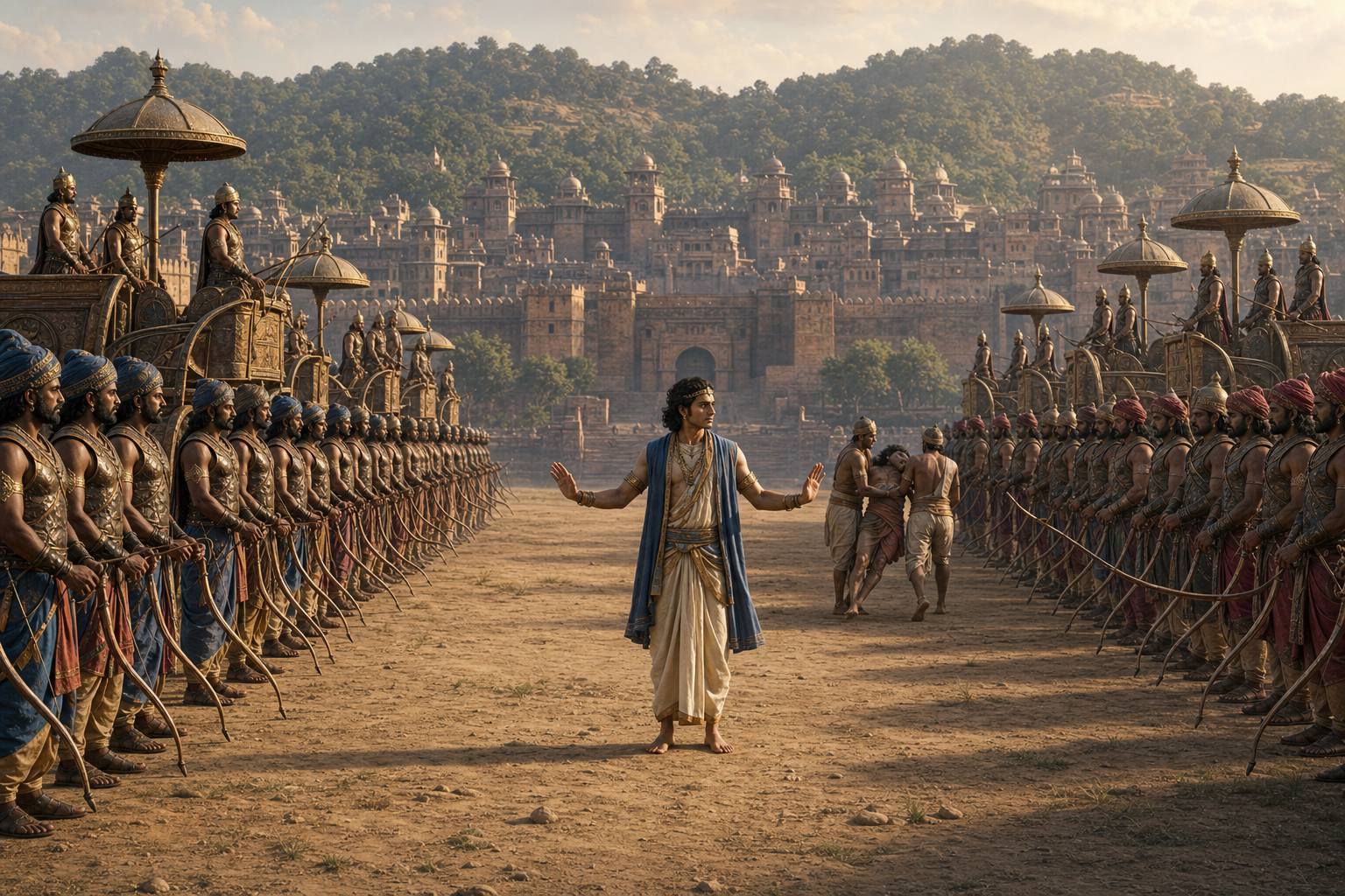 An unarmed envoy stands between two halted ancient armies while soldiers lower their weapons and attendants carry away a wounded fighter.