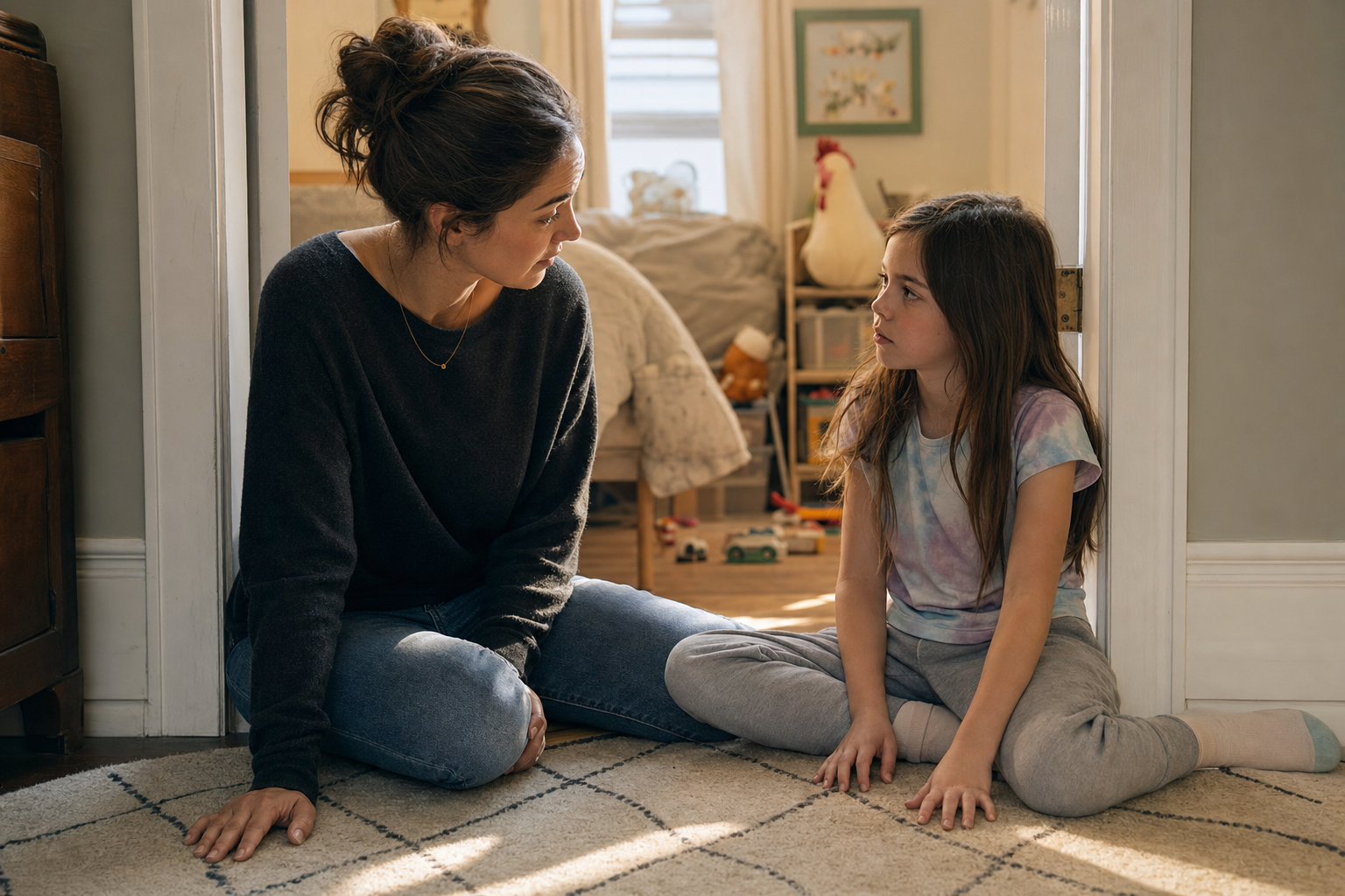 A parent and child sit together on a rug and reconnect calmly after a difficult conversation.