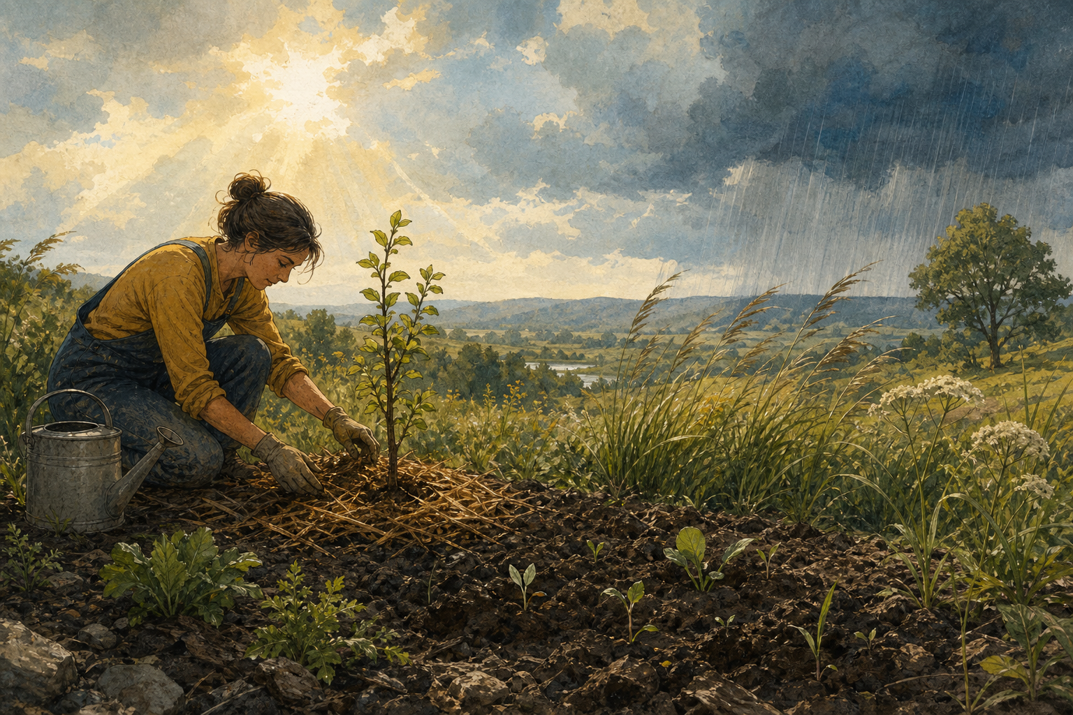 A person waters and mulches a young sapling as sunlight, wind, distant rain, and unevenly germinating seeds surround the garden.