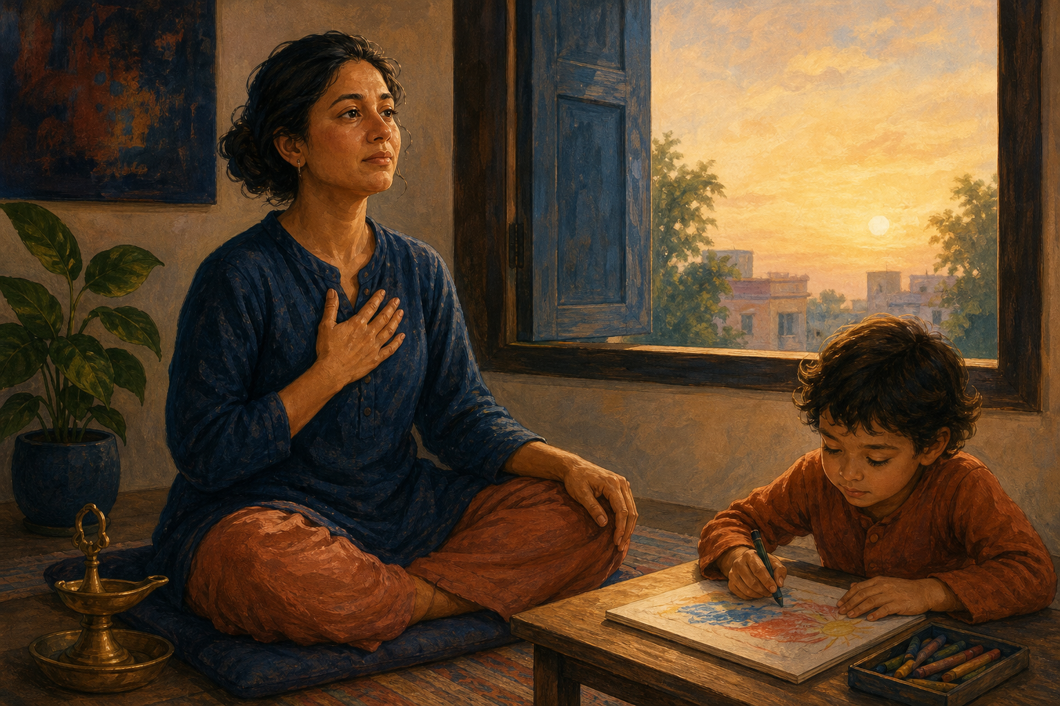 An emotional but composed parent sits quietly while a child draws nearby in the light of dawn.