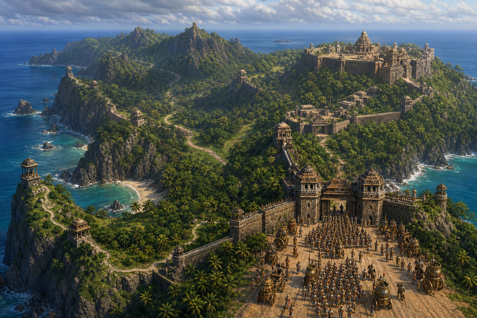 An island fortress is surrounded by cliffs, forest paths, watchtowers, coves, and layered walls, while most of its defenders gather at a single exposed gate.