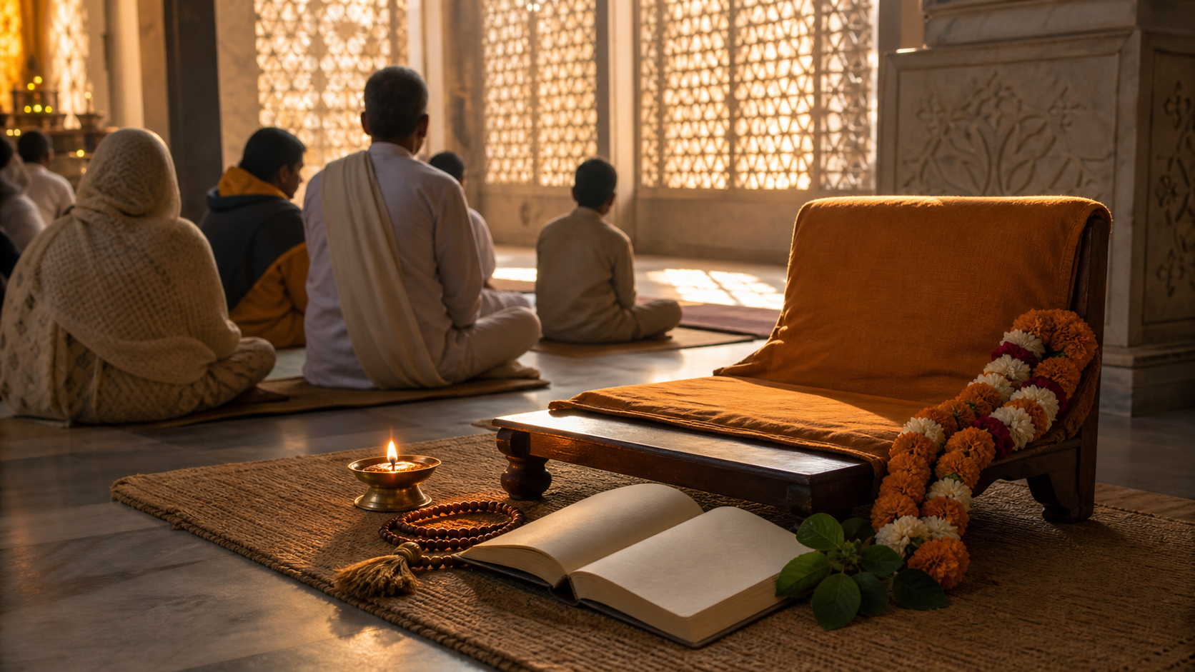 An empty saffron-draped asana beside an open sacred book, flower garland, prayer beads, and ghee lamp as devotees pray in a sunlit temple hall.