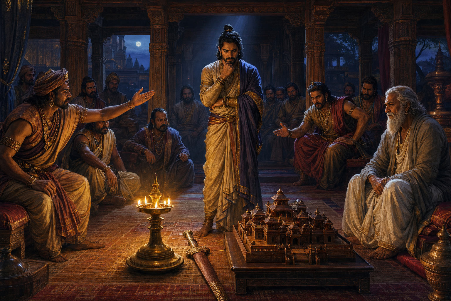 A statesman considers a sword, an oil lamp, and a model palace while courtiers gather in a shadowed ancient Indian council chamber.