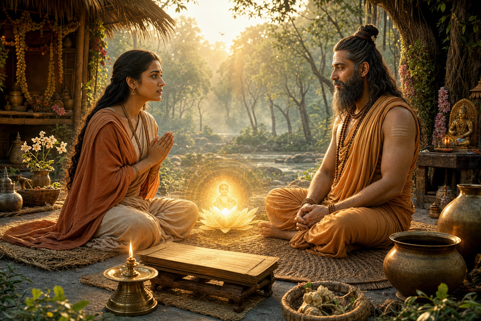 Devahūti respectfully appeals to Kardama Muni in a dawn-lit Vedic forest hermitage.