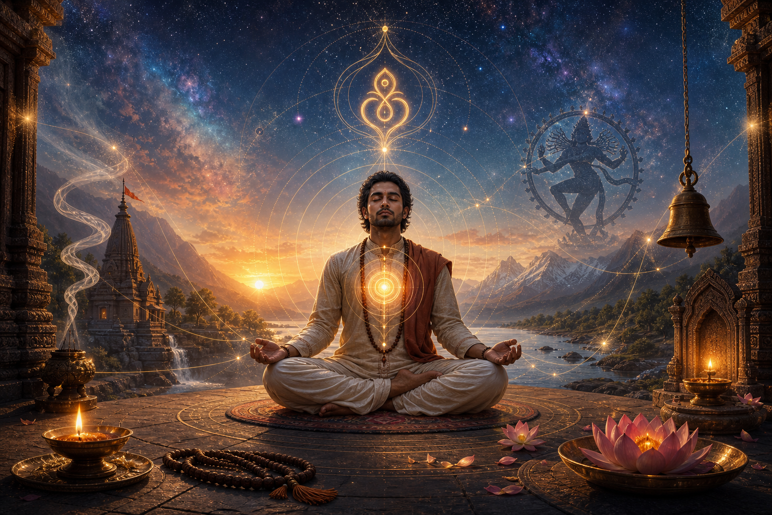 Serene Hindu meditation scene with glowing heart mandala, temple lamps, lotus flowers, mountains, river, and cosmic sky