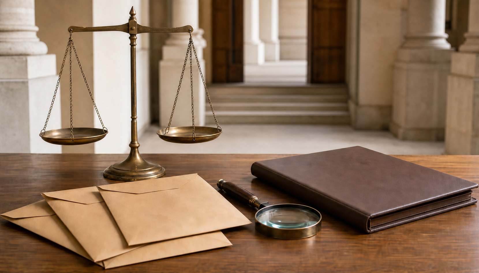 Balanced scales, a magnifying glass, blank sealed evidence envelopes, and a closed case file arranged on a wooden desk.
