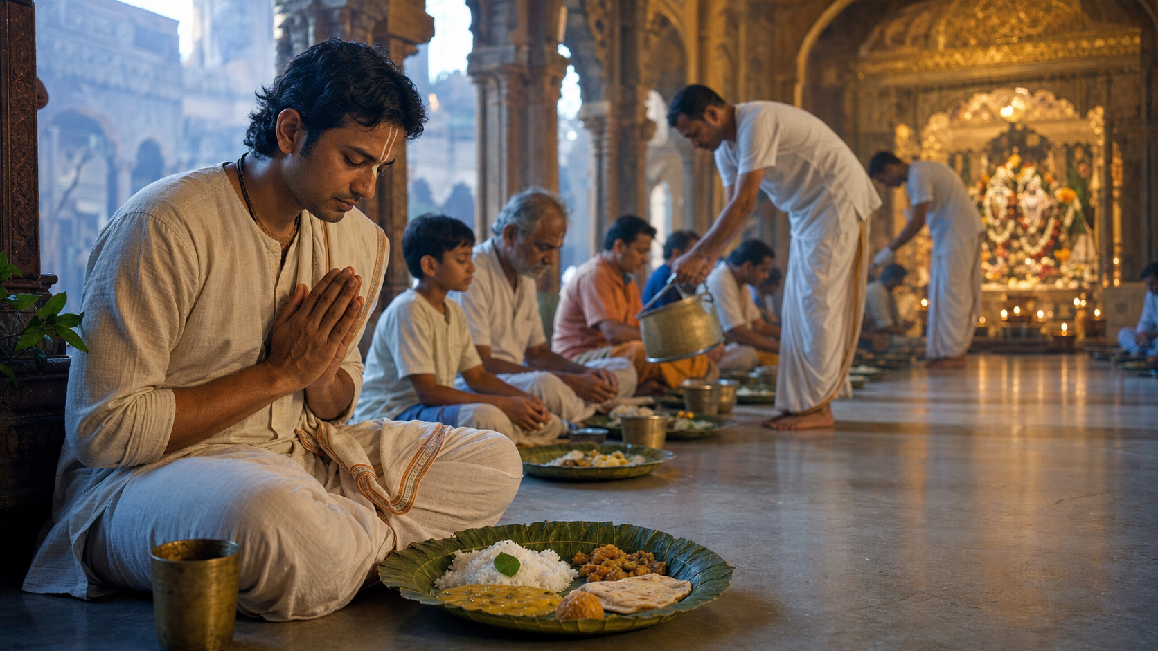A devotee pauses before a leaf plate of prasadam while volunteers serve other diners in a softly lit Vaishnava temple hall.