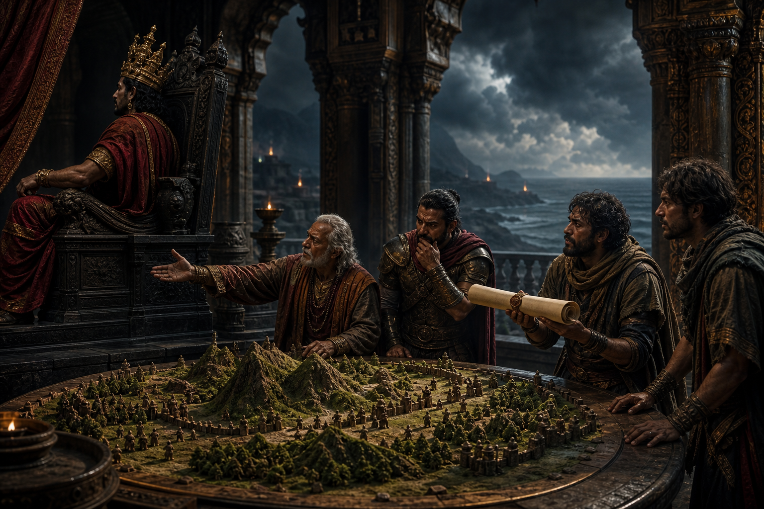 A many-crowned ruler turns away from counselors and scouts gathered around a miniature terrain model in a shadowed palace chamber.