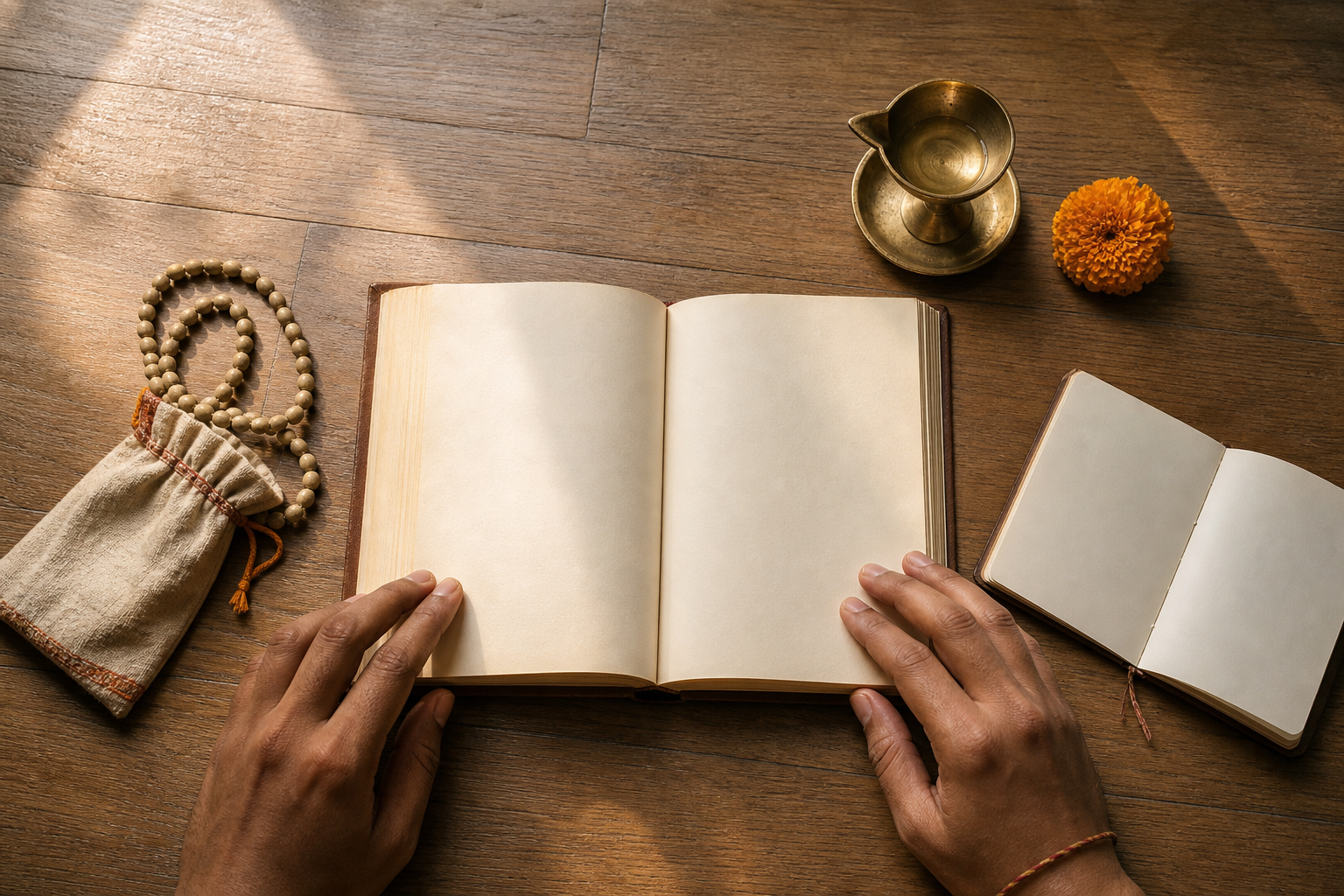 Two devotees study an open book beside tulasi prayer beads, a blank notebook, a marigold, and a small brass lamp.