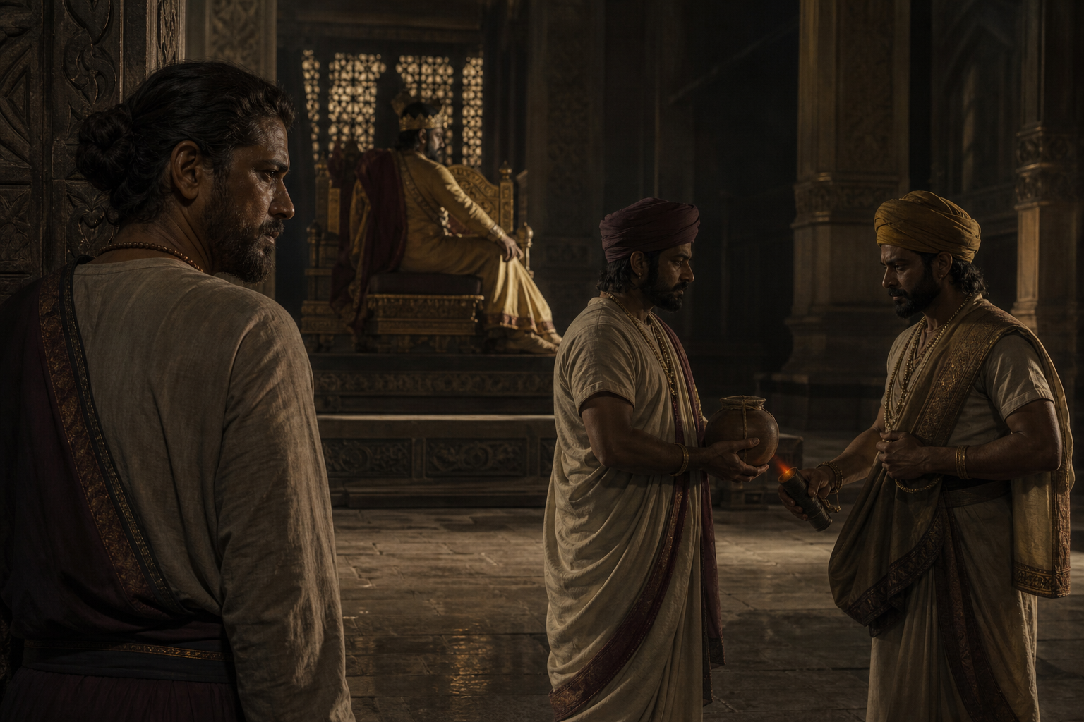 A ruler turns away on a raised throne while officials exchange a resin vessel and concealed torch below him as a witness looks on.