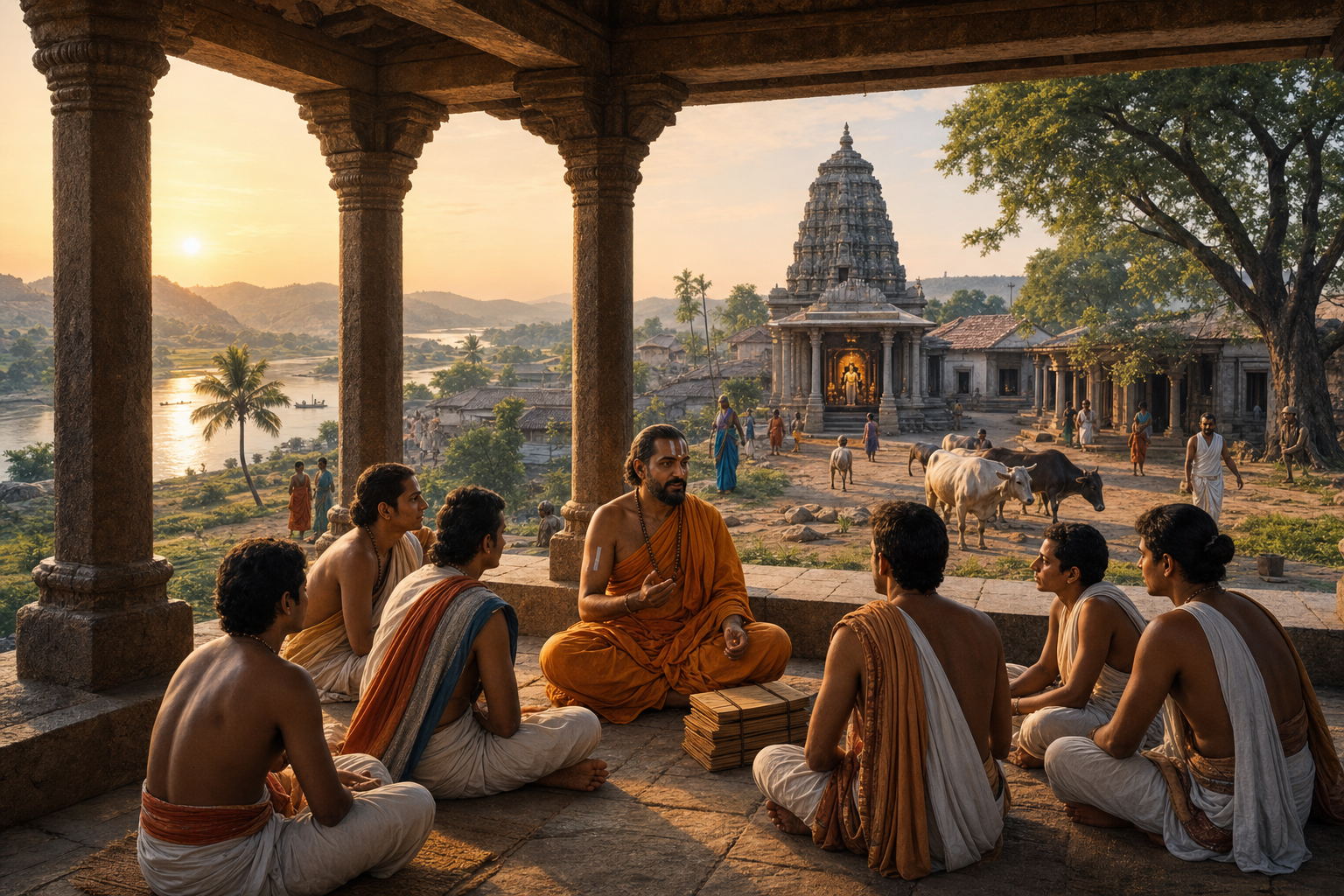 An imagined medieval South Indian Dvaita teacher instructs students on a stone veranda overlooking a temple, village, river, and hills.