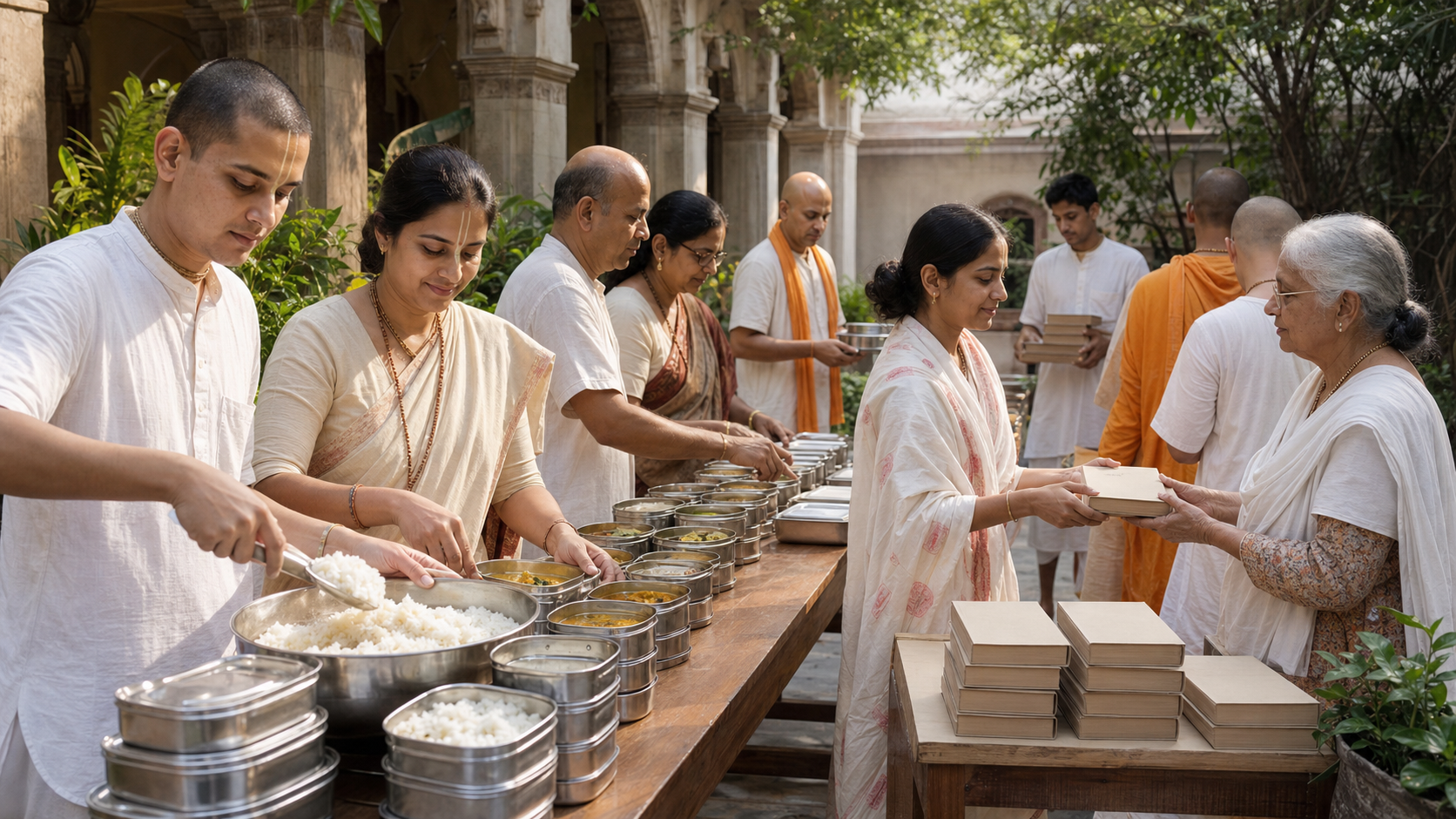 Devotees of different ages cooperate in a temple courtyard to pack vegetarian meals and arrange unmarked books for distribution.