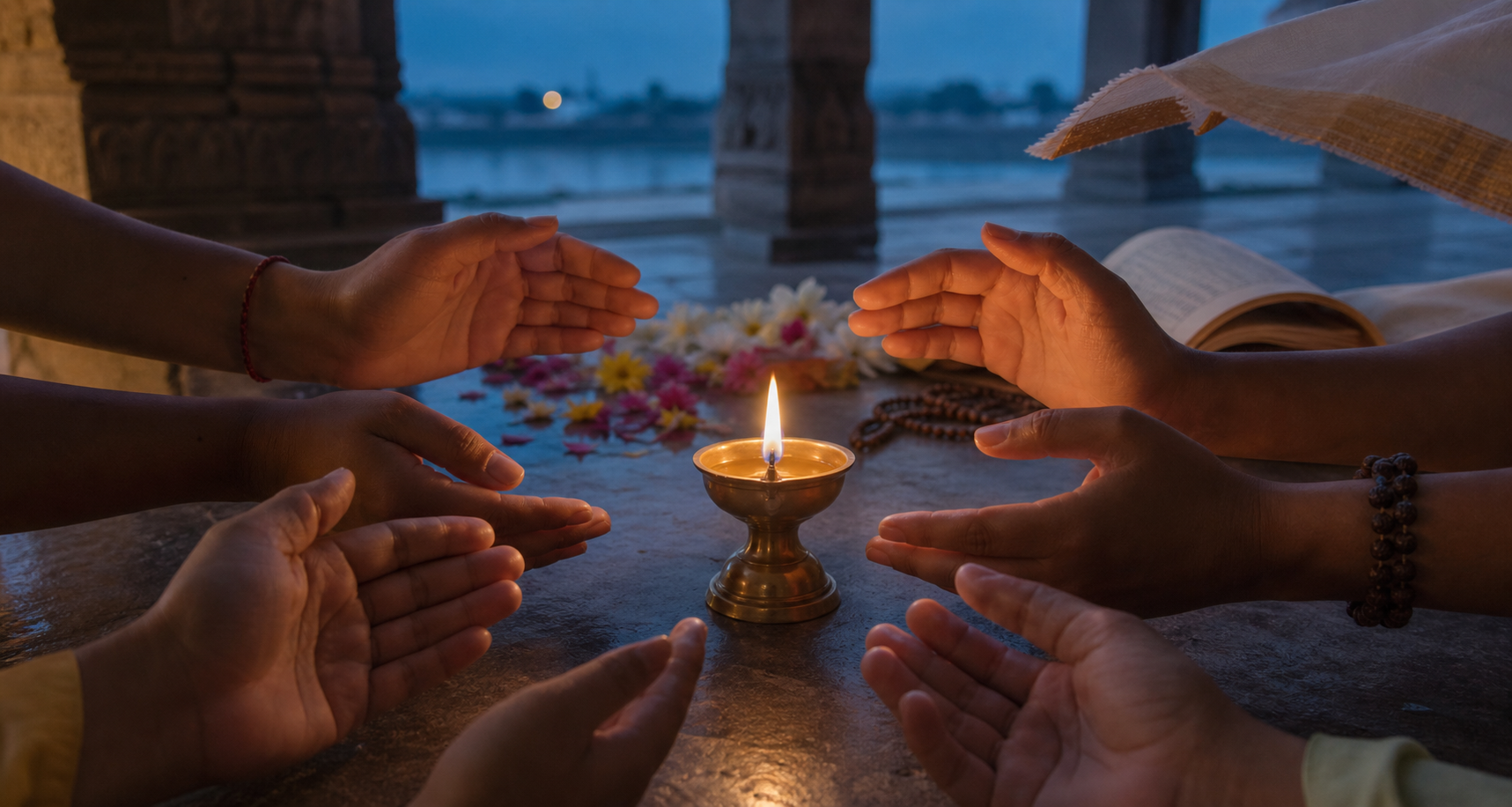 Several devotees' hands shelter a steady brass-lamp flame on a temple veranda, with prayer beads, flowers, and an open book nearby.