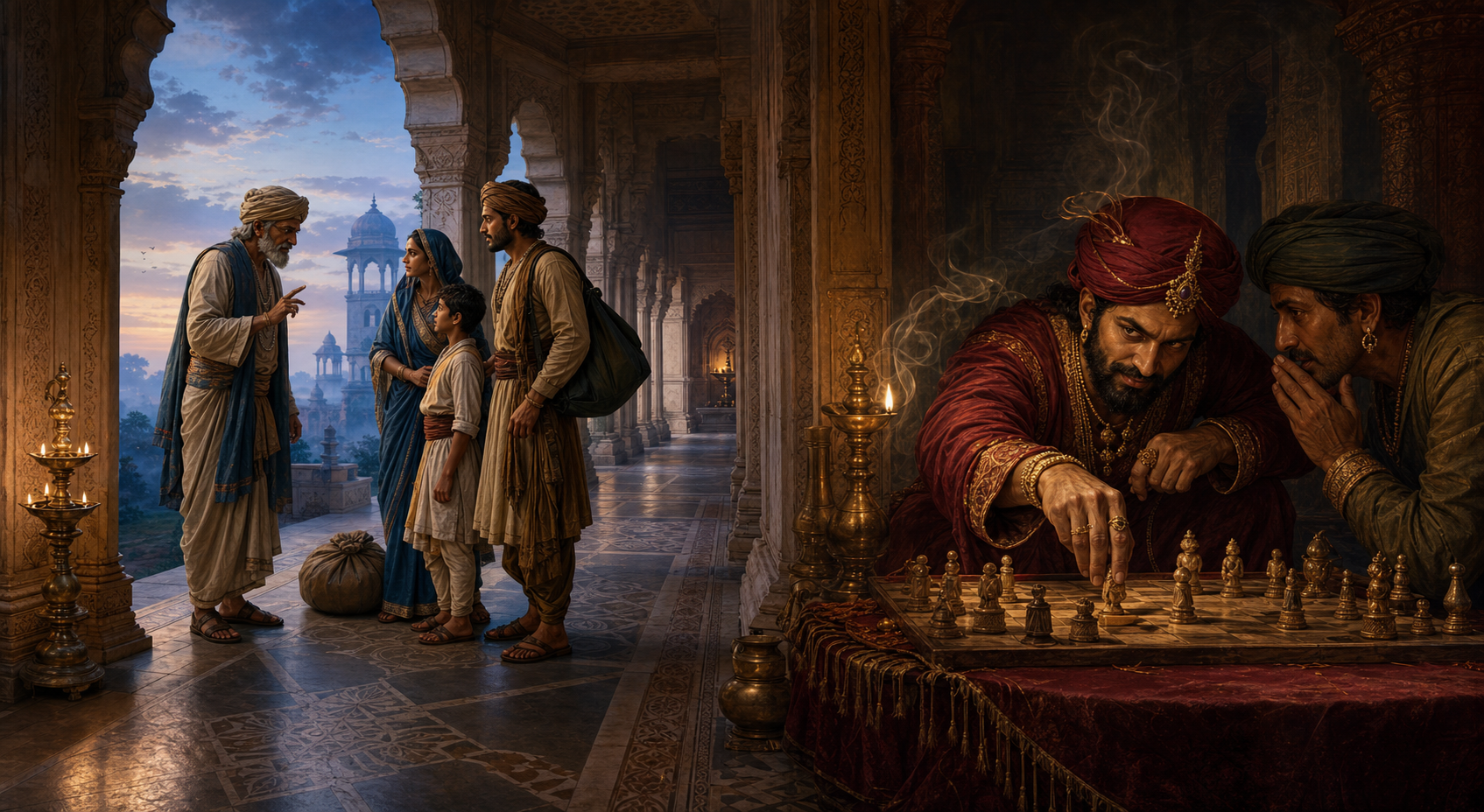 An elder counsellor quietly guides a family toward an open passage while, across the same palace corridor, a schemer manipulates pieces on a gaming board.