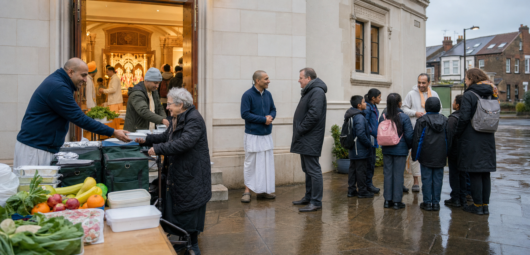 Volunteers distribute food and welcome residents and a school group outside a British Krishna temple after rain.
